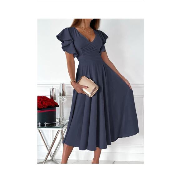 Dokotoo Women's V Neck Elegant Party Dress Short Sleeve Skater Dress SIZE L - Picture 2 of 3